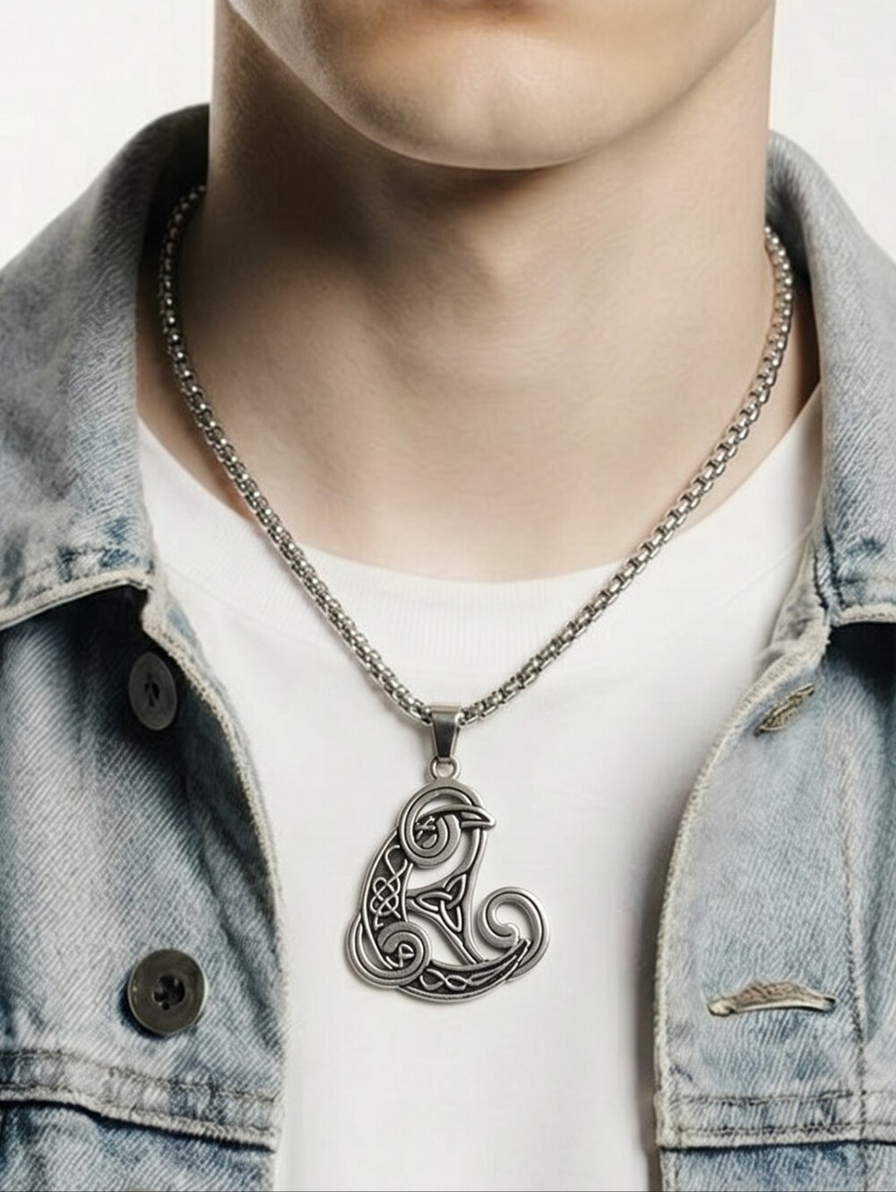 Silver Celtic Knot Moon Necklace Stainless Steel Trinity Knot Wiccan Pendant 24”